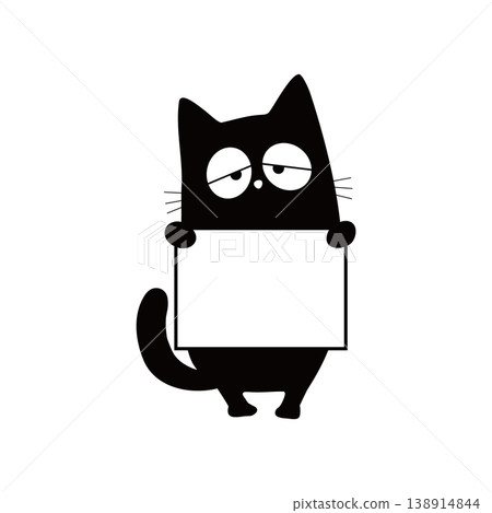 A simple, hand-drawn illustration of a sleepy black cat holding a card. Copy space available. A simple, hand-drawn illustration of a sleepy black cat holding a card. Copy space available. 138914844