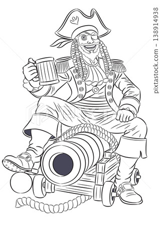 Black and white pirate captain sitting on cannon with mug vector illustration Black and white pirate captain sitting on cannon with mug vector illustration 138914938