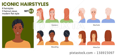 Iconic hairstyles infographic set with labeled cornrows, hime cut, kiss curls and finger waves, modern flat layout  138915097