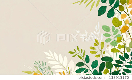 Nordic-style botanical background material with leaf illustrations and ample copy space. 138915170