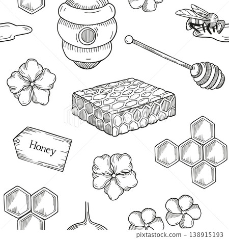 Hand-drawn honey seamless pattern made of honey dipper, honeycombs, bee, field flowers, beehive for packaging or product design 138915193