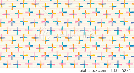 Cute vector seamless pattern with colorful organic shaped plus signs on lined background for kids and baby summer and school designs Cute vector seamless pattern with colorful organic shaped plus signs on lined background for kids and baby summer and school designs 138915285