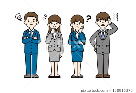A set of full-body vector illustrations of multiple students/job seekers in suits, with troubled or worried expressions and poses. A set of full-body vector illustrations of multiple students/job seekers in suits, with troubled or worried expressions and poses. 138915373