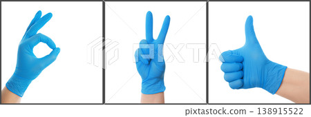 Collage of a hand in blue medical gloves showing ok, peace, and thumbs up gestures. Positive healthcare, medical approval, and safety concepts isolated on a white background. 138915522
