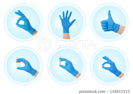 Set of medical icons showing a hand in a blue glove making approval gestures and holding a syringe, pill, and test container. Ideal for healthcare and laboratory infographics. Set of medical icons showing a hand in a blue glove making approval gestures and holding a syringe, pill, and test container. Ideal for healthcare and laboratory infographics. 138915523