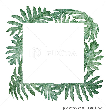 Tropical leaves square frame Philodendron Selloum watercolor botanical illustration. Hand drawn green foliage texture with copy space. Floral nature design for garden card decorative template. Tropical leaves square frame Philodendron Selloum watercolor botanical illustration. Hand drawn green foliage texture with copy space. Floral nature design for garden card decorative template. 138915526