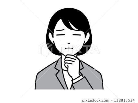 一幅黑白插圖,描繪了一位身穿西裝的年輕女子,她一手托著下巴,神情憂慮。 一幅黑白插圖,描繪了一位身穿西裝的年輕女子,她一手托著下巴,神情憂慮。 138915534