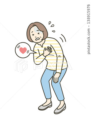 一位中年婦女摀著胸口,似乎因心悸而感到疼痛。 一位中年婦女摀著胸口,似乎因心悸而感到疼痛。 138915976
