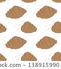 Croissant whole and bitten with crumbs Minimalist Seamless Pattern National Croissant Day background. Isolated Vector illustration Food Poster, Menu Card, Promo or Print materials Backdrop label, tag 138915990