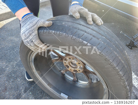 A young man removes a damaged tire from a car to install a spare one. High quality photo A young man removes a damaged tire from a car to install a spare one. High quality photo 138916207