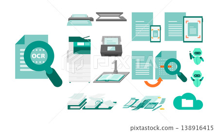 一套 OCR 設備和辦公設備：使用掃描器和多功能印表機進行文件數位化和自動化的影像。 138916415