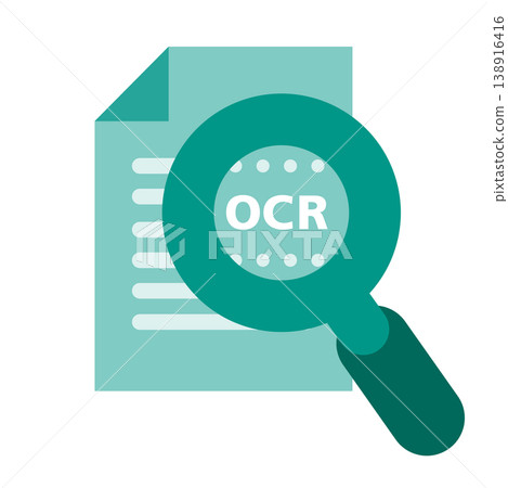 Image of document digitization using OCR; Magnifying glass icon showing text analysis and AI data extraction. 138916416