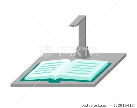 Illustration of a book scanner: An overhead device that non-destructively converts old books and contracts into OCR data. Illustration of a book scanner: An overhead device that non-destructively converts old books and contracts into OCR data. 138916418