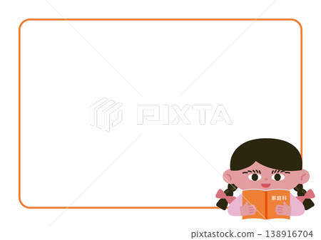 向量圖，描繪了一個女孩拿著一本家政課本和一個相框。 138916704