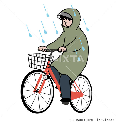 Vector illustration of a person riding a bicycle in the rain while wearing a raincoat. Vector illustration of a person riding a bicycle in the rain while wearing a raincoat. 138916838