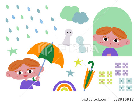 A set of vector illustrations of a boy on a rainy day. A set of vector illustrations of a boy on a rainy day. 138916918