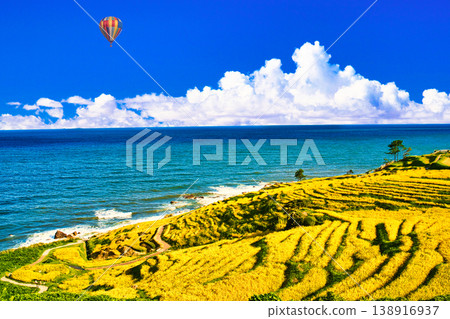 Autumn terraced rice fields of Shiroyone Senmaida with clouds composite image 138916937