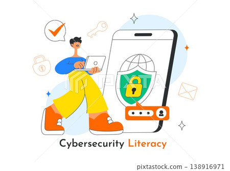 Cybersecurity Literacy Illustration Featuring Digital Data Protection With Smartphone Lock, Password Security, Shield Protection, and Online Privacy Cybersecurity Literacy Illustration Featuring Digital Data Protection With Smartphone Lock, Password Security, Shield Protection, and Online Privacy 138916971