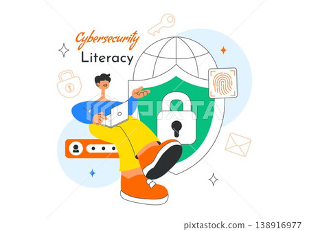 Cybersecurity Literacy Illustration Featuring Digital Data Protection With Smartphone Lock, Password Security, Shield Protection, and Online Privacy Cybersecurity Literacy Illustration Featuring Digital Data Protection With Smartphone Lock, Password Security, Shield Protection, and Online Privacy 138916977