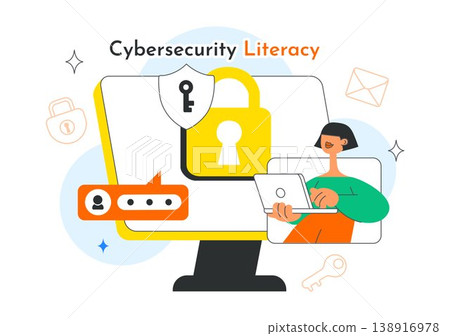 Cybersecurity Literacy Illustration Featuring Digital Data Protection With Smartphone Lock, Password Security, Shield Protection, and Online Privacy Cybersecurity Literacy Illustration Featuring Digital Data Protection With Smartphone Lock, Password Security, Shield Protection, and Online Privacy 138916978
