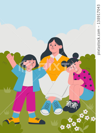 Mother and Children Spending Happy Time Together Outdoors. Mothers Day Illustration Mother and Children Spending Happy Time Together Outdoors. Mothers Day Illustration 138917043