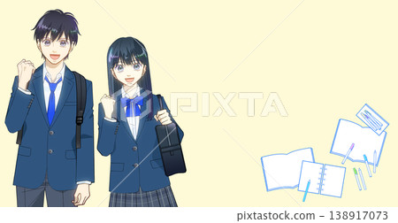 An image of studying, learning items, and an anime-style illustration of a male or female high school or middle school student. An image of studying, learning items, and an anime-style illustration of a male or female high school or middle school student. 138917073