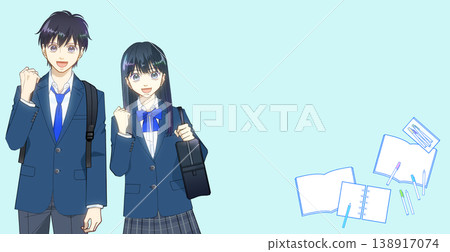 一張學習用品的圖片，以及一幅動漫風格的高中或國中男生或女生的插圖。 138917074