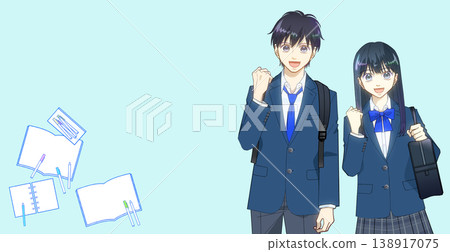 一張學習用品的圖片，以及一幅動漫風格的高中或國中男生或女生的插圖。 138917075