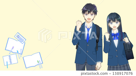 一張學習用品的圖片，以及一幅動漫風格的高中或國中男生或女生的插圖。 138917076