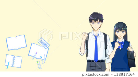 一張學習用品的圖片，以及一張動漫風格的高中生（男/女）插圖（穿著夏裝）。 138917164
