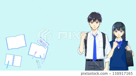 An image of studying, learning items, and an anime-style illustration of a male or female high school or middle school student (wearing summer clothes). An image of studying, learning items, and an anime-style illustration of a male or female high school or middle school student (wearing summer clothes). 138917165