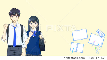 一張學習用品的圖片,以及一張動漫風格的高中生(男/女)插圖(穿著夏裝)。 一張學習用品的圖片,以及一張動漫風格的高中生(男/女)插圖(穿著夏裝)。 138917167