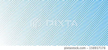 Blue wave texture gradient. Fading curved linear halftone gradation. Wavy water lines pattern wallpaper. Thin to thick undulate stripes background for overlay, print, cover, graphic design. Vector Blue wave texture gradient. Fading curved linear halftone gradation. Wavy water lines pattern wallpaper. Thin to thick undulate stripes background for overlay, print, cover, graphic design. Vector 138917178
