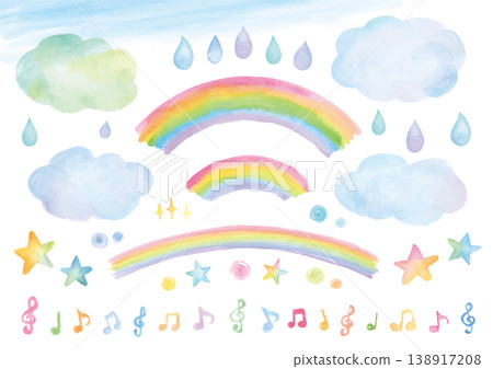一組可愛的手繪水彩插圖,描繪了彩虹和雨季的景象。 一組可愛的手繪水彩插圖,描繪了彩虹和雨季的景象。 138917208