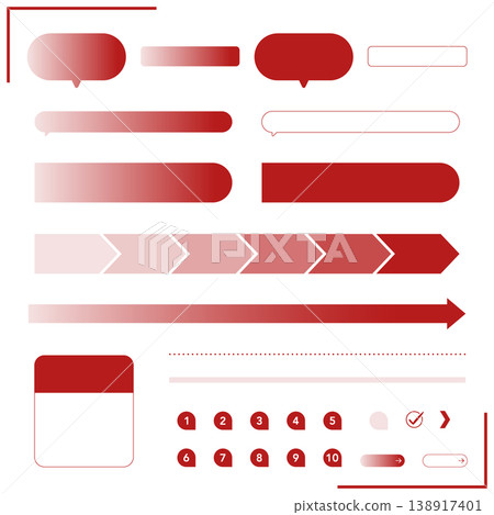 A simple red set of business and web-oriented UI elements and icons. Vector assets including speech bubbles, arrows, and numbers. A simple red set of business and web-oriented UI elements and icons. Vector assets including speech bubbles, arrows, and numbers. 138917401