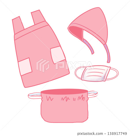 粉紅色圍裙套裝（圍裙、頭巾、口罩、束口袋）所需物品清單示意圖 138917749