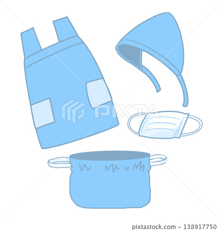 圍裙套裝（藍色）所需物品示意圖：圍裙、頭巾、口罩、束口袋。 138917750
