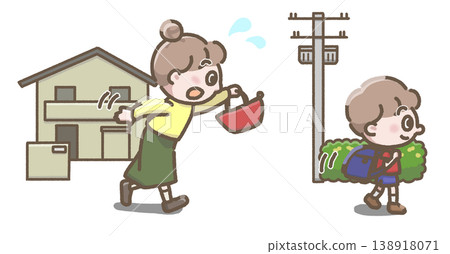 一幅描繪女子追逐孩子的插圖。 138918071