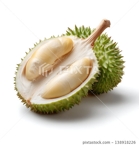 Freshly Cut Durian with Creamy Pulp Exposed on a Plain Background 138918226