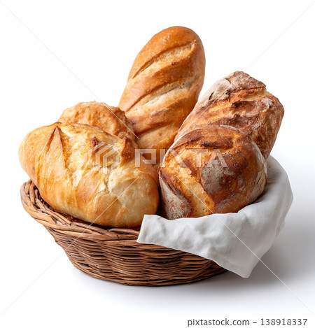 Freshly Baked Artisan Breads in a Woven Basket on White Background 138918337
