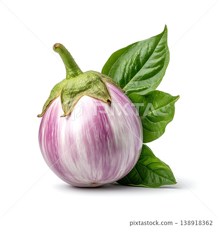 Fresh striped eggplant with green leaves showcasing vibrant colors and unique texture 138918362