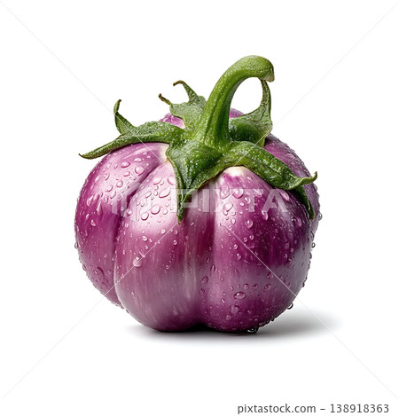 Fresh Purple Eggplant with Water Droplets on White Background for Culinary Inspiration Fresh Purple Eggplant with Water Droplets on White Background for Culinary Inspiration 138918363