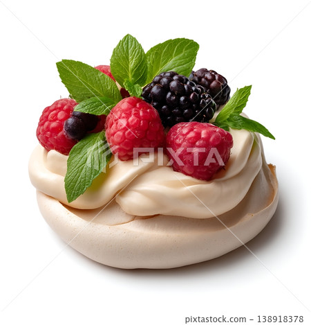 Delicious Pavlova Dessert with Fresh Berries and Mint Leaves on a White Background 138918378