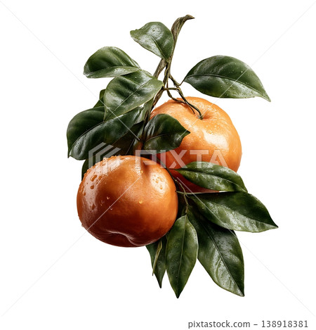 Fresh Clementine Oranges with Green Leaves on a White Background for Food Photography 138918381