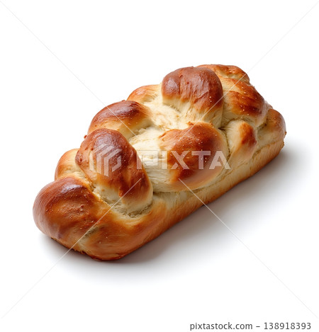 Freshly Baked Golden Brown Braided Bread Loaf on White Surface with Soft Texture 138918393