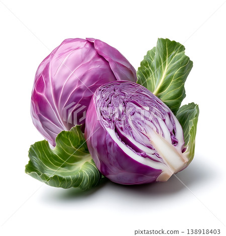 Fresh Organic Purple Cabbage with Green Leaves on Isolated White Background for Culinary Use Fresh Organic Purple Cabbage with Green Leaves on Isolated White Background for Culinary Use 138918403