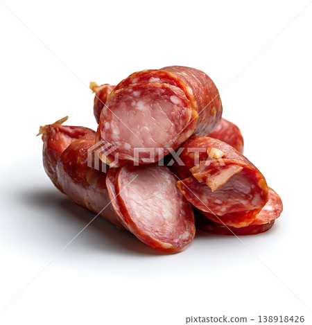 Various Types of Delicious Cured Sausage Stacked on a White Background for Culinary Use Various Types of Delicious Cured Sausage Stacked on a White Background for Culinary Use 138918426