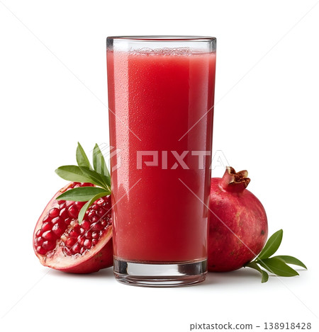 Fresh Pomegranate Juice in Glass with Whole Fruit and Seeds on White Background Fresh Pomegranate Juice in Glass with Whole Fruit and Seeds on White Background 138918428