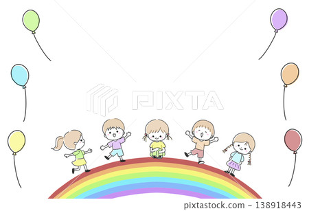 Children playing on a rainbow and balloons Children playing on a rainbow and balloons 138918443