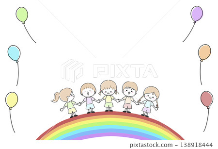 孩子們手牽手，拿著氣球，站在彩虹上 138918444